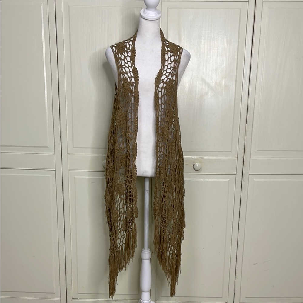 Say What Women’s Open Front Crochet Knit Cardigan Sz L Brown Fringed Hem Boho